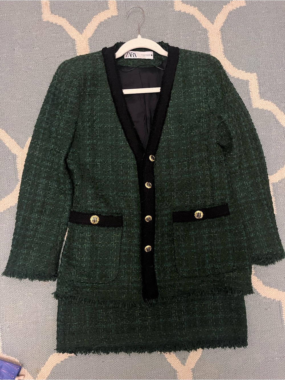 Zara Dark Green Tweed Blazer with Black Trim and Gold Buttons